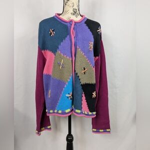Vtg Granny Square Thick Stitch Argyle Womens XL Cardigan Button Sweater A032